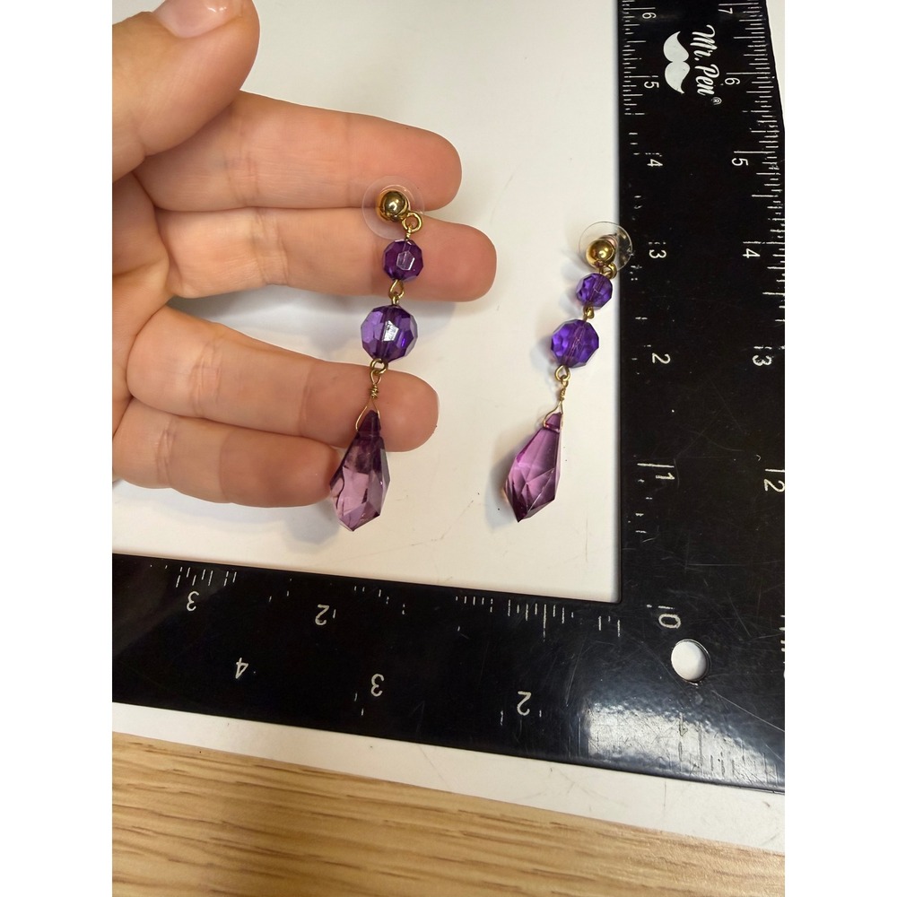 Purple Faceted Bead Drop Earrings Gold Tone Tiered Teardrop Dangle Post Back